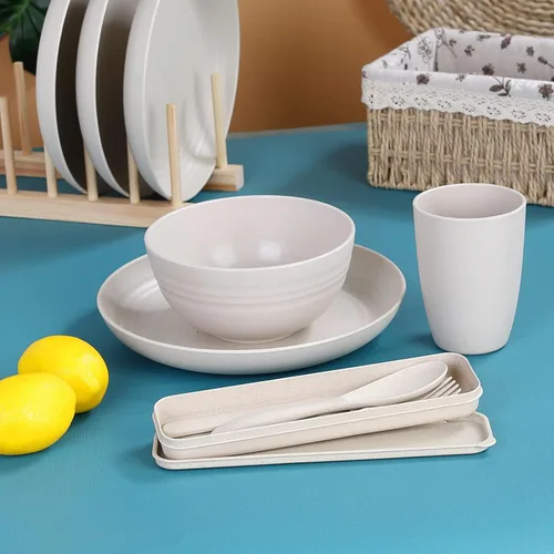 Miniatura 5 de Juego de vajilla de paja de trigo para 4, platos y tazones de paja de trigo, platos de cocina, 28 piezas, artículos esenciales para dormitorio