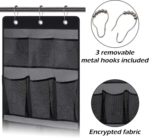 Miniatura 4 de KIMBORA Organizador de ducha de malla para colgar en el baño, con 2 bolsillos grandes, 3 anillos, barra de cortina colgante para dormitorio, Negro