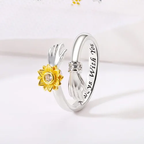 Miniatura 5 de Anillo de plata giratorio de girasol ajustable con diamantes y simple banda para abrazar a dos manos