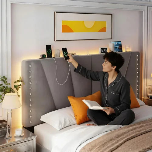 Miniatura 6 de EnHomee Marco de cama tamaño King, marco de cama de terciopelo con cabecero y luz LED, marco de cama de plataforma para dormitorio, apartamento, Gris