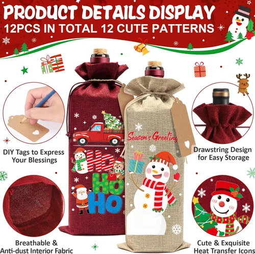 Miniatura 2 de Aoonby 12 piezas de bolsas de vino de arpillera, bolsas de regalo de vino de Navidad para botellas, regalos, bolsa de botella de Navidad con cordón
