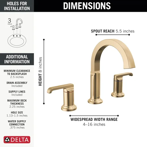 Miniatura 3 de Llave de baño Delta Tetra Oro generalizada de 3 agujeros, llave de baño dorada para lavabo de baño, llave de lavabo de baño, Tecnología de sello