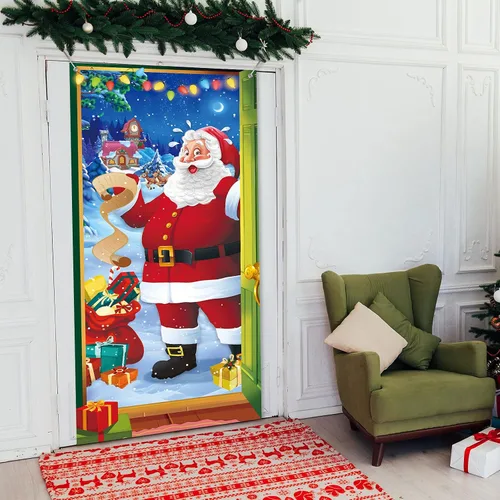 Miniatura 6 de Irenare Decoraciones navideñas para puerta delantera, cubierta de puerta de Papá Noel, cartel colgante de vacaciones de invierno, telón de fondo