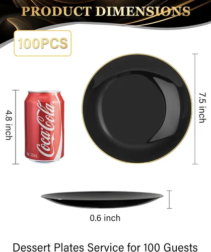 Miniatura 3 de Nervure - Juego de 100 platos de plástico desechables negros de 7.5 pulgadas, platos de postre negros desechables, platos de plástico dorado