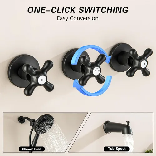 Miniatura 7 de Juego de 3 manijas para bañera y ducha, color negro mate, 2 en 1, doble ducha, grifos de ducha, kit de molduras de bañera y ducha, sistema de ducha
