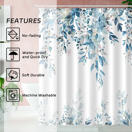 Miniatura 3 de JWXCBIM Cortina de ducha azul con hojas de eucalipto, cortina de baño decorativa con arte estético de acuarela de plantas y flores, juego de cortina