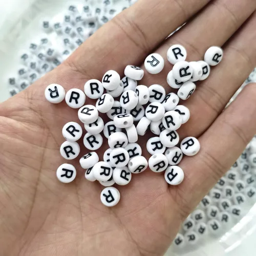 Miniatura 2 de Amaney Cuentas de Letras R 100 piezas 7×4mm (0.28×0.16 pulgadas) Blanco Redondo Acrílico Negro Alfabeto para Fabricación de Joyas