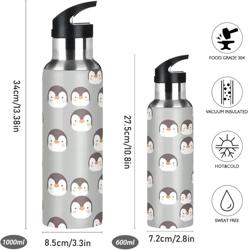 Miniatura 2 de Cute Penguins Face Gray Insulated Stainless Steel Water Bottle with Straw 20 Oz, BPA-Free Sport Water Bottle Insulated Leakproof Water Bottles