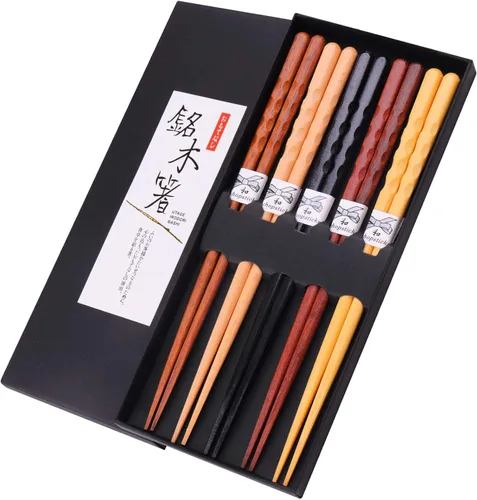 GLAMFIELDS Palillos Reutilizables de Madera Natural Japonesa 5 Pares Estilo Clásico Ligeros Tallados a Mano Seguros Palillos 8.8 Pulgadas/22.5cm