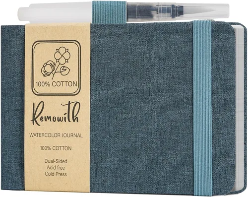 Miniatura 16 de Cuaderno de bocetos de acuarela, 5.5" x 5.5" Libros de bocetos para artistas, cuaderno de papel de acuarela de algodón, cubierta de lino con pluma