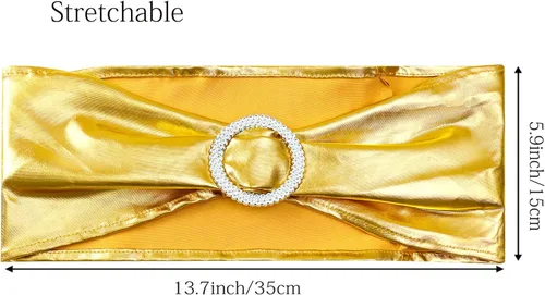 Miniatura 3 de Bandas para silla de elastano metálico dorado para boda, paquete de 100 bandas para silla con hebilla, lazos dorados para sillas doradas, lazos