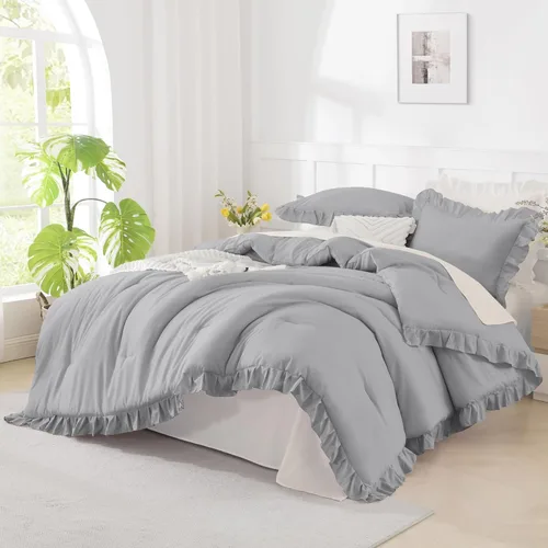 Miniatura 19 de Andency Juego de edredón beige tamaño King, 3 piezas estilo farmhouse shabby chic con volantes, ligero esponjoso suave de microfibra para todas