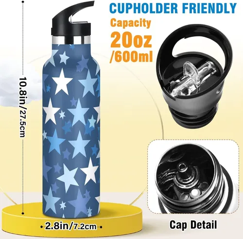Miniatura 2 de Classical White Stars Blue BPA-Free Leak Proof Reusable Water Bottles with Straw Lid Double Wall Vacuum for School Boys Girls termo para agua acero