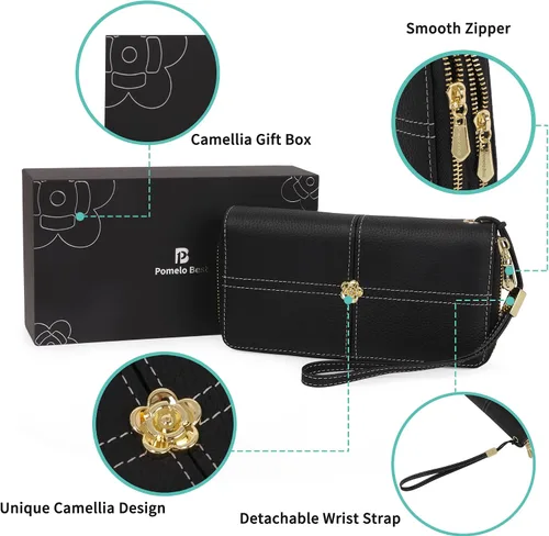 Miniatura 5 de Cartera de cuero real para mujer con adorno de camelia, bloqueo RFID, bolsillo para monedas, Negro, L, Clásico