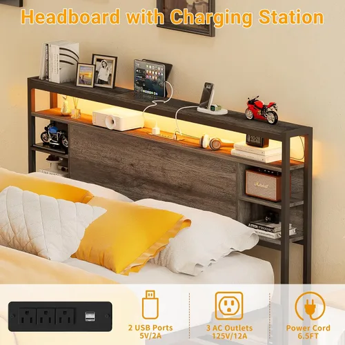 Miniatura 4 de Unikito Base de cama de tamaño individual con estación de carga y luz LED RGB, plataforma resistente con cabecera de almacenamiento, listones