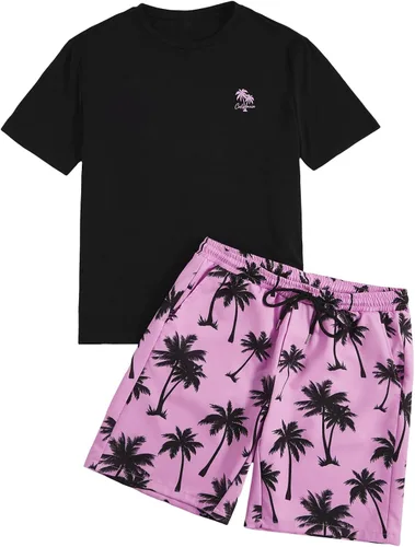 Miniatura 105 de GORGLITTER Conjunto de 2 piezas de camiseta gráfica de manga corta para hombre, estampado hawaiano con cordón y pantalones cortos