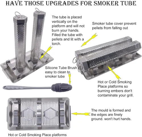 Miniatura 3 de Paquete de 2 tubos de ahumador de pellets de 12 pulgadas, tubo de humo para ahumador de pellets con una bandeja de acero inoxidable, 5 horas de humo
