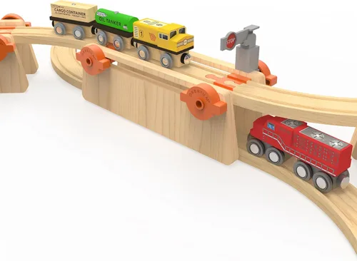Miniatura 5 de Accesorios de madera para vías de tren Build & Play, 90 piezas de juguetes STEM de ferrocarril elevados, paquete de expansión de pistas ascendentes