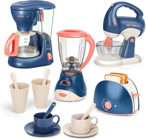 Yalujumb Accesorios de cocina de juguete, aparatos de cocina de juguete con cafetera, licuadora, mezcladora, tostadora con luces y sonidos