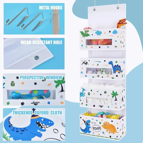 Miniatura 2 de WERNNSAI Organizador colgante de dinosaurio para colgar sobre la puerta, almacenamiento detrás de la puerta con 4 bolsillos transparentes