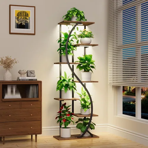 MJOMKN Soporte alto para plantas de 59" con luz de crecimiento para interior, estante de metal de 7 niveles, soporte de exhibición de flores en