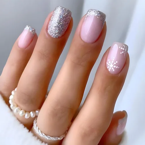 Miniatura 10 de Uñas postizas a presión con copos de nieve, uñas postizas cuadradas cortas de Navidad, uñas acrílicas negras con purpurina, kit de uñas postizas
