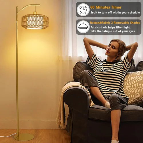 Miniatura 4 de LAMSU Lámpara de pie Arc Gold con control remoto y bombilla LED, lámparas de pie regulables para sala de estar con pantallas de ratán y tela
