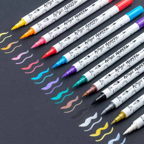 Miniatura 6 de TRANSON Juego de rotuladores de pintura acrílica de doble punta fina y brocha de 12 colores para lienzo, roca, madera, cuero, cerámica, pintura DIY