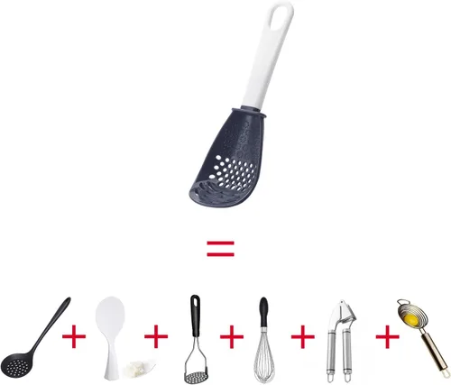 Miniatura 4 de Aparatos de cocina multifuncionales 6 en 1, 356°F resistentes al calor, separador de huevos, cocina, drenaje, puré, rejilla, cuchara de cocina, gris