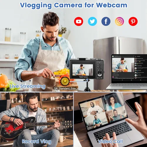 Miniatura 3 de Cámara digital 4K para fotografía, cámara de videoblogs de 64 megapíxeles para YouTube con pantalla giratoria de 3" 180°, cámara compacta de zoom