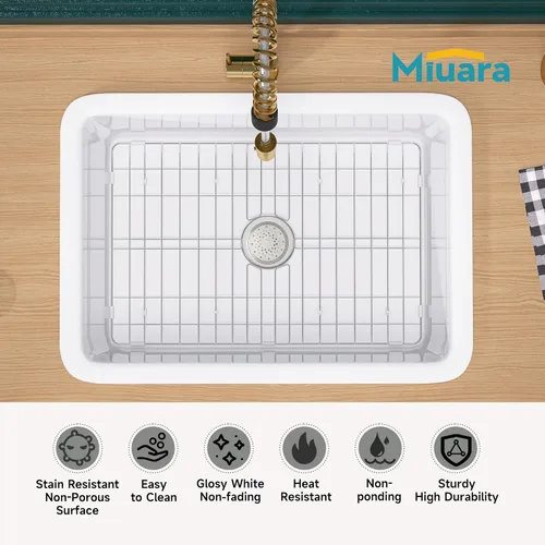 Miniatura 2 de Miuara Fregadero de cocina blanco de montaje inferior de 27 pulgadas – Fregadero de arcilla refractaria de montaje superior de 27 x 19 x 10