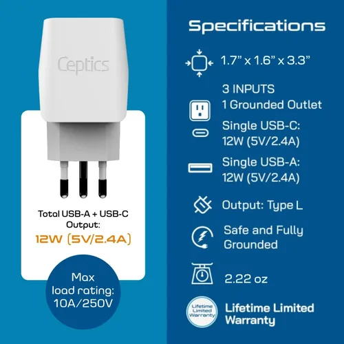 Miniatura 4 de Adaptador de viaje Ceptics, de EE. UU. a Japón, Filipinas, con doble USB, tipo A, ultra compacto Tipo L - Italia