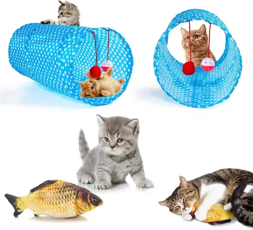 Miniatura 2 de AILUKI 35 PCS Surtidos de juguetes para gatos y gatitos, variedad de juguetes de hierba gatera que incluye túnel de 2 vías, vara con plumas
