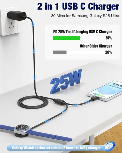 Miniatura 2 de Cargador de reloj Samsung de 25 W, carga rápida, 2 en 1 Samsung Galaxy Watch y cable de cargador de teléfono de 3 pies para Galaxy Watch 8/8