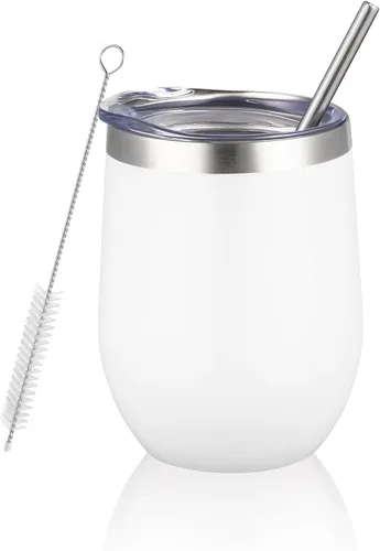 Miniatura 11 de Vaso de vino aislado de 12 onzas con tapa y pajita, vaso de vino de acero inoxidable sin tallo de doble pared, vaso de vino al vacío a granel