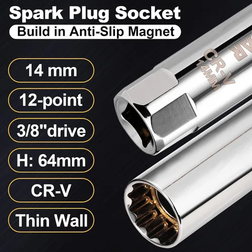 Miniatura 5 de Spurtar Enchufe de bujía de 0.55 pulgadas (0.551 in) de pared delgada magnética - Diseño de 12 puntos compatible con BMW, Mercedes, Nissan, Mini