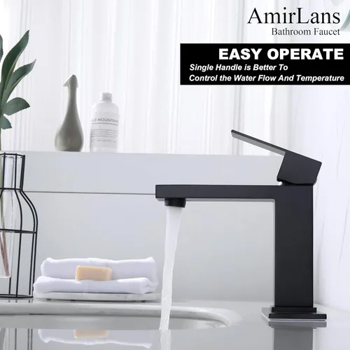 Miniatura 3 de Grifo negro para baño, grifo de baño negro mate de acero inoxidable con un solo orificio con drenaje emergente, grifo de una sola manija AML-1141-BK
