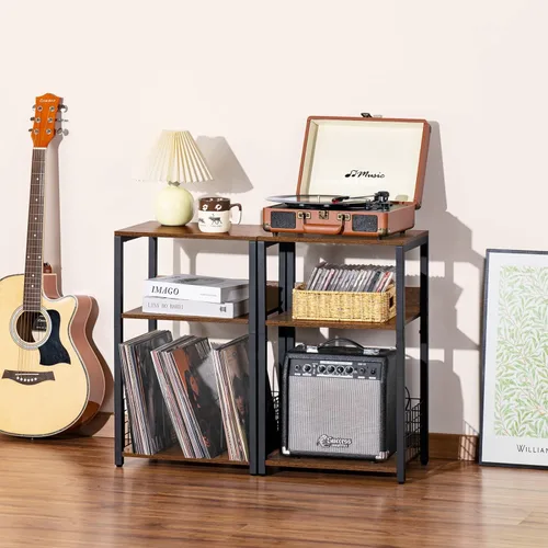 Miniatura 5 de LELELINKY Mesa auxiliar de 3 niveles, soporte para tocadiscos con almacenamiento de hasta 100 álbumes, soporte para tocadiscos para vinilo, estante