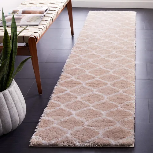 SAFAVIEH Tahoe Shag Collection - Alfombra para pasillo, 2 x 9 pies, color beige y blanco, diseño de enrejado, no desprende pelusa y de fácil