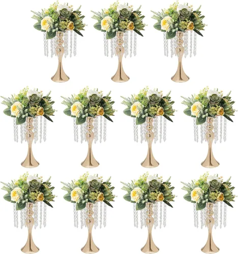 Miniatura 18 de Juego de 10 portavelas de metal dorado de 10.2 pulgadas de alto, florero, arreglo floral, candelabro, candelabro, portavelas para bodas, fiestas