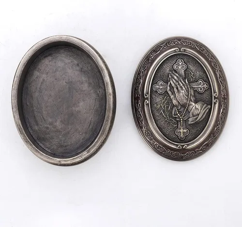Miniatura 2 de Veronese Design 2 1/2 pulgadas de alto, mano orante, forma ovalada, caja de baratija, escultura de resina bronceada, escultura religiosa