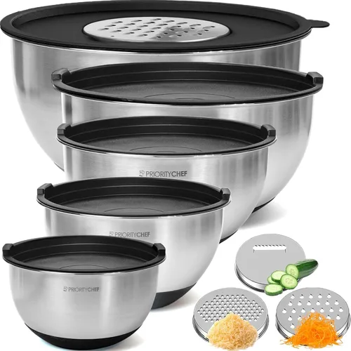 Miniatura 9 de Priority Chef Juego de tazones para mezclar de acero inoxidable con tapas, 3 accesorios para rallar, tapas herméticas, base de silicona