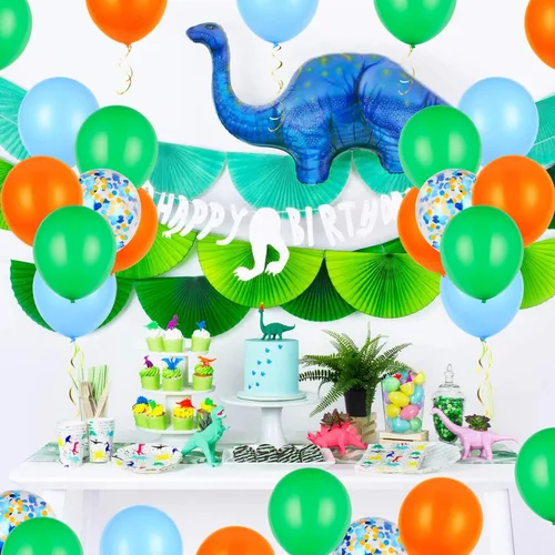 Miniatura 3 de Globos de látex naranja, azul y verde con globos de confeti para fiesta de cumpleaños de dinosaurio baby shower (80 paquetes)