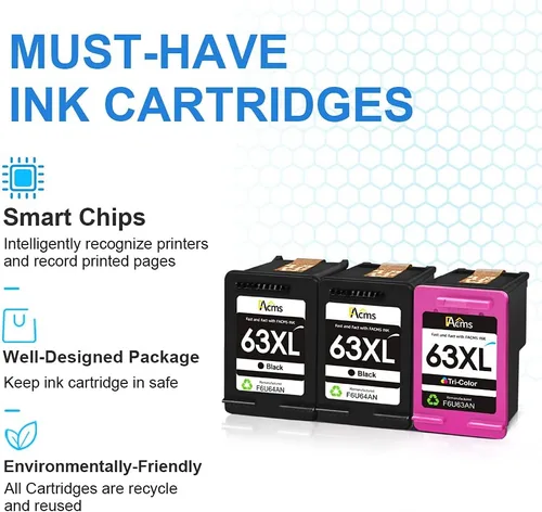 Miniatura 5 de Paquete de 3 cartuchos de tinta 63XXL de repuesto para cartuchos de tinta HP 63XL 63XL 63 XL, funciona con Officejet 3830 4650 4652 4655 5200 5255