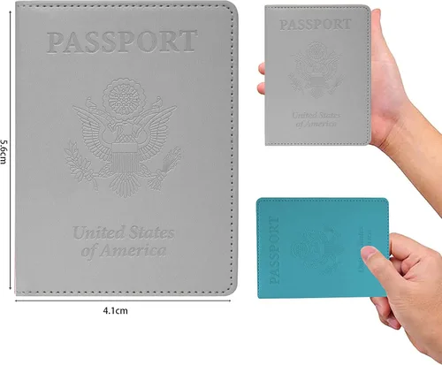 Miniatura 5 de Combo de soporte para pasaporte, pasaporte y tarjetero de vacunación, Gris plateado + azul marino, piel sintética