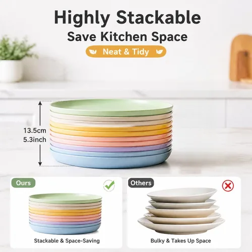 Miniatura 7 de Paquete de 12 platos ligeros de paja de trigo de 9 pulgadas, patés profundos irrompibles para niños, platos de plástico reutilizables