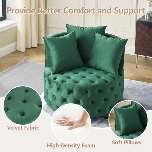Miniatura 4 de Silla giratoria de barril de terciopelo con 3 almohadas y 4 ruedas, sofá de 360 grados, moderna silla tapizada con botones para sala de estar, Verde