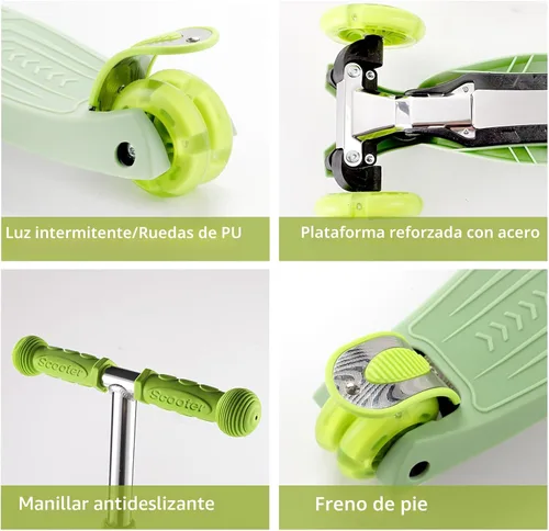 Miniatura 6 de Patinete de 3 ruedas para niños de 6 a 12 años, patinete infantil con ruedas iluminadas, diseño de cubierta resistente y 4 alturas ajustables, Verde