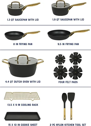 Miniatura 3 de Oster Platinum Abbottsford - Juego de utensilios de cocina de inducción antiadherentes de cerámica sin PFA, 16 piezas, color negro con dorado