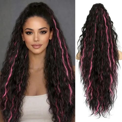 Miniatura 66 de ORSUNCER Extensión de cola de caballo de 18" con pinza rizada, cola de caballo esponjosa, extensiones de pelo sintético de aspecto natural para mujer